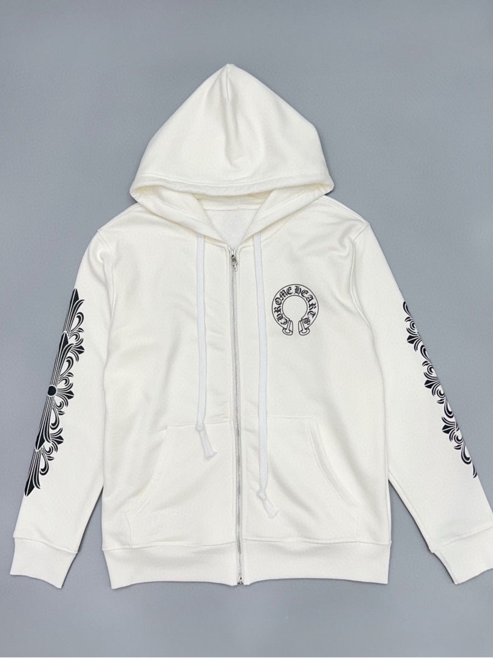 White Zip-Up Hoodie with Black Sleeve Graphics
